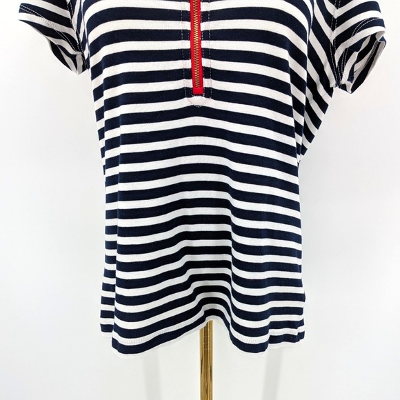 Lauren Ralph Lauren Navy White Stripe Zip Neck Tee Women's XL Nautical Blouse - Picture 6 of 8